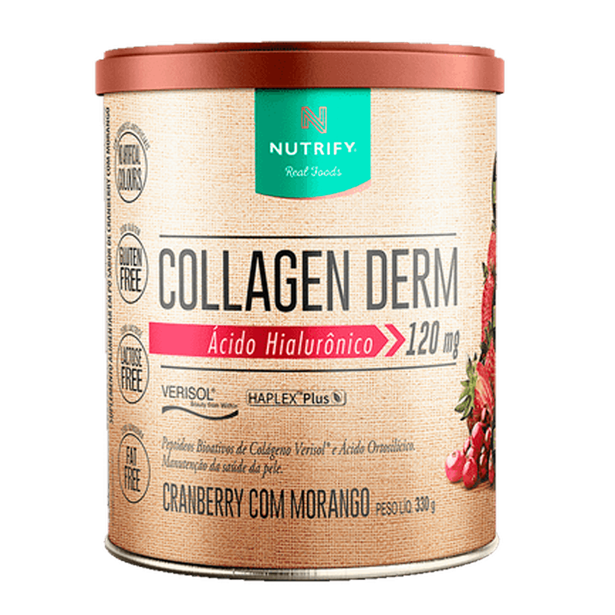 Embalagem de Nutrify Collagen Derm sabor Arando Vermelho com Morango 330g